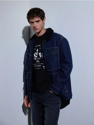 Reserved - Kurtka sherpa z kołnierzem - granatowy