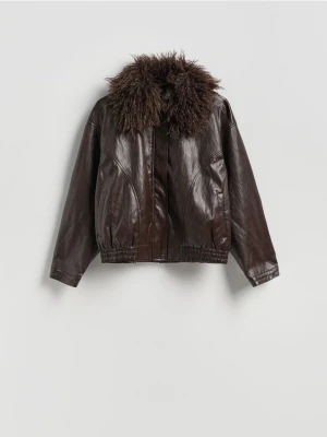 Reserved - Kurtka z futrzanym kołnierzem - ciemnobrązowy