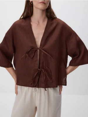 Reserved - Lniana bluzka z wiązaniami - ciemnobrązowy