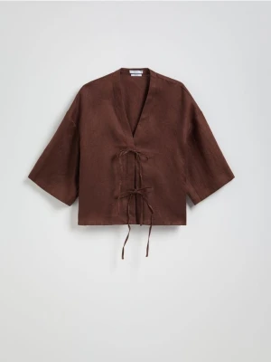 Reserved - Lniana bluzka z wiązaniami - ciemnobrązowy