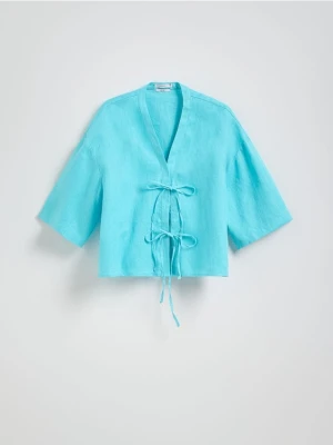 Reserved - Lniana bluzka z wiązaniami - jasnoturkusowy