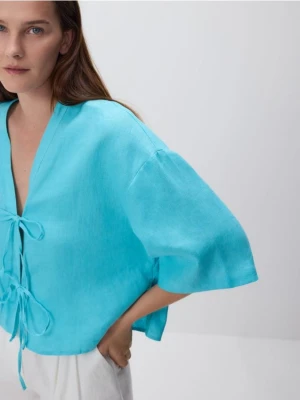 Reserved - Lniana bluzka z wiązaniami - jasnoturkusowy