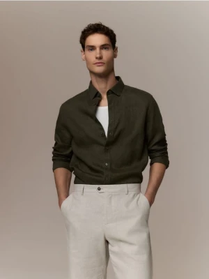 Reserved - Lniana koszula regular fit - ciemnozielony