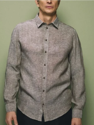 Reserved - Lniana koszula slim fit - brązowy