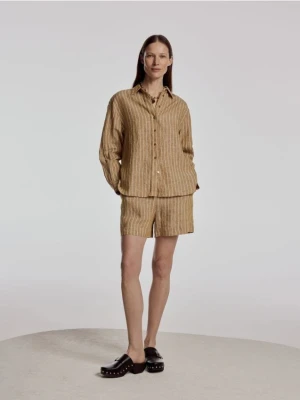 Reserved - Lniana koszula w paski - warm olive