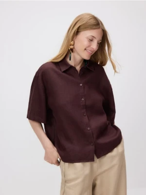 Reserved - Lniana koszula z krótkimi rękawami - ciemnobrązowy