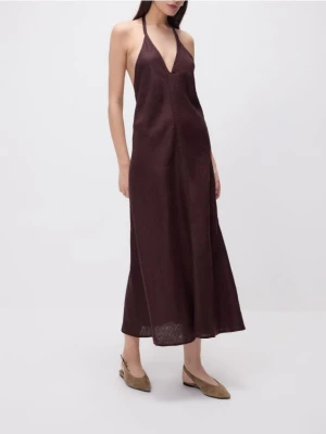 Reserved - Lniana sukienka midi - ciemnobrązowy