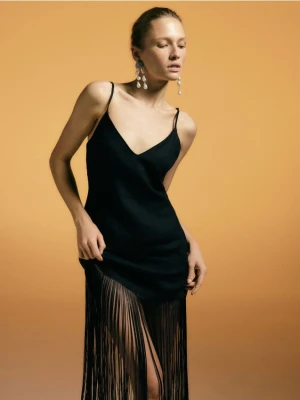 Reserved - Lniana sukienka z frędzlami - czarny