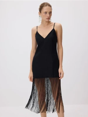 Reserved - Lniana sukienka z frędzlami - czarny