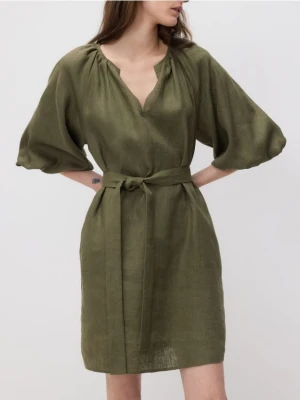 Reserved - Lniana sukienka z wiązaniem - oliwkowy