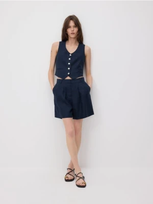 Reserved - Lniane bermudy z zakładkami - granatowy