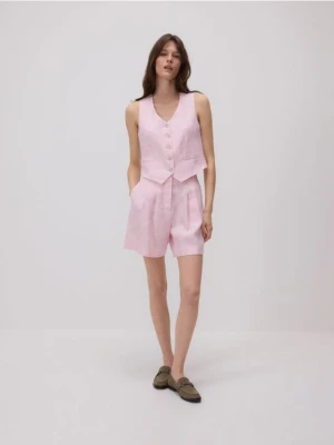 Reserved - Lniane bermudy z zakładkami - pastelowy róż
