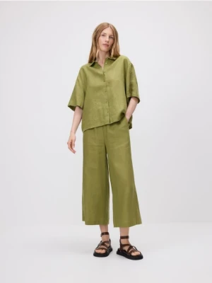 Reserved - Lniane spodnie culotte - oliwkowy