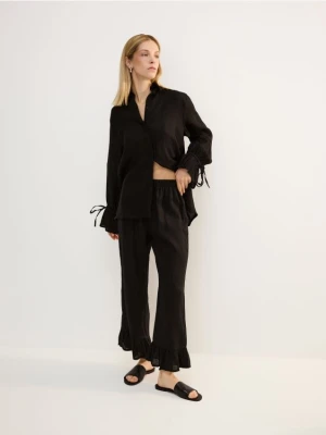 Reserved - Lniane spodnie z falbankami - czarny