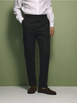 Reserved - Lniane spodnie garniturowe - ciemnobrązowy