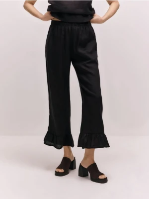 Reserved - Lniane spodnie z falbankami - ciemnobrązowy