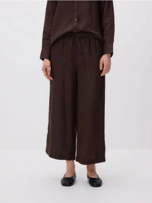 Reserved - Lniane spodnie z wiązaniem - ciemnobrązowy