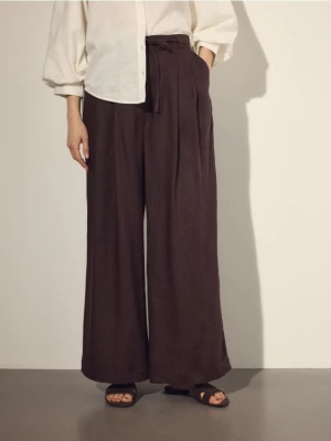 Reserved - Lniane spodnie z wiązaniem - ciemnobrązowy