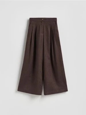 Reserved - Lniane spodnie z zakładkami - ciemnobrązowy