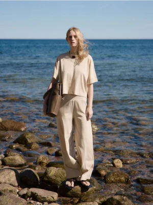 Reserved - Luźne spodnie z wiskozą - kremowy