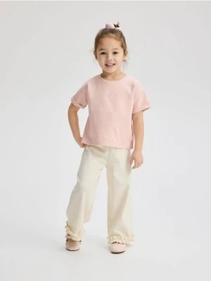 Reserved - Luźny t-shirt z haftem - pastelowy róż