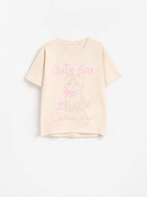 Reserved - Luźny t-shirt z nadrukiem - beżowy