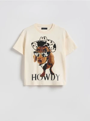 Reserved - Luźny t-shirt z nadrukiem - beżowy
