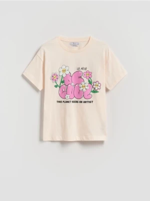 Reserved - Luźny t-shirt z nadrukiem - kremowy