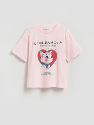 Reserved - Luźny t-shirt z nadrukiem - pastelowy róż