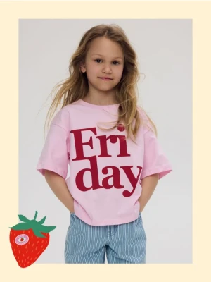 Reserved - Luźny t-shirt z nadrukiem - pastelowy róż