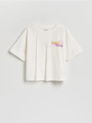 Reserved - Luźny t-shirt z nadrukiem - złamana biel
