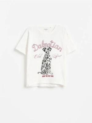 Reserved - Luźny t-shirt z nadrukiem - złamana biel