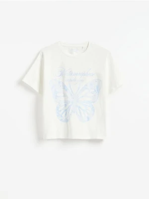 Reserved - Luźny t-shirt z nadrukiem - złamana biel