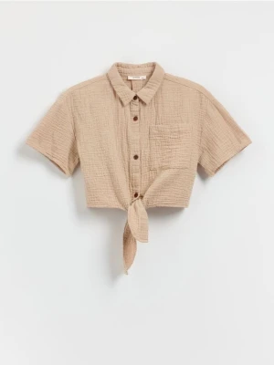 Reserved - Muślinowa koszula z wiązaniem - beżowy