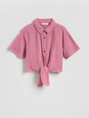 Reserved - Muślinowa koszula z wiązaniem - brudny róż