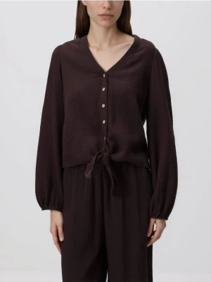 Reserved - Muślinowa koszula z wiązaniem - ciemnobrązowy