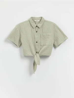 Reserved - Muślinowa koszula z wiązaniem - oliwkowy