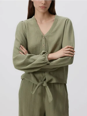 Reserved - Muślinowa koszula z wiązaniem - oliwkowy