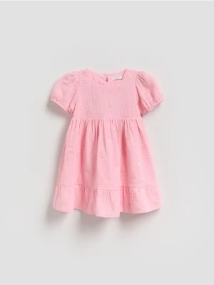 Reserved - Muślinowa sukienka z haftem - pastelowy róż