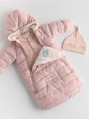 Reserved - Ocieplany śpiworek w kwiaty - brudny róż