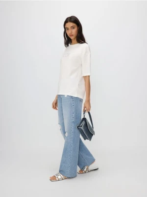 Reserved - Oversizowy t-shirt z napisem - złamana biel