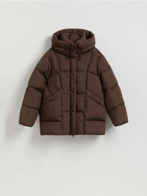 Reserved - Pikowana kurtka z kapturem - ciemnobrązowy
