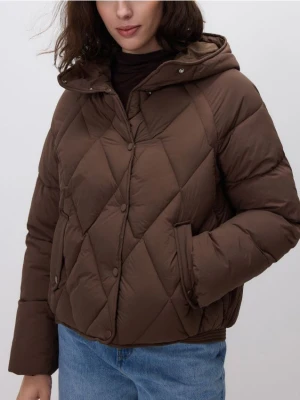 Reserved - Pikowana kurtka z kapturem - ciemnobrązowy