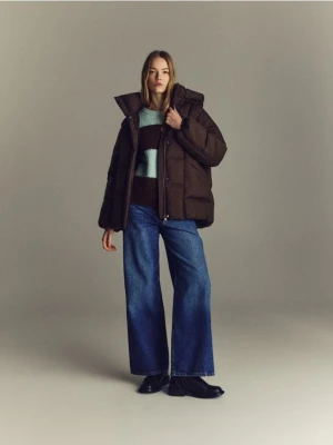 Reserved - Pikowana kurtka z kapturem - ciemnobrązowy