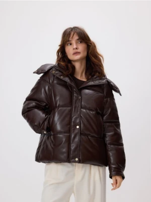 Reserved - Pikowana kurtka z kapturem - ciemnobrązowy