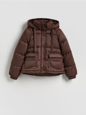 Reserved - Pikowana kurtka z kapturem - ciemnobrązowy