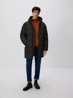 Reserved - Pikowany płaszcz z kapturem - ciemnozielony