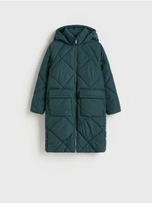 Reserved - Pikowany płaszcz z kapturem - ciemny turkus