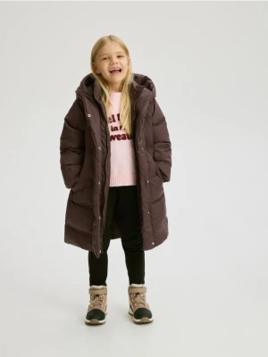 Reserved - Pikowany płaszcz z naturalnym puchem - ciemnobrązowy