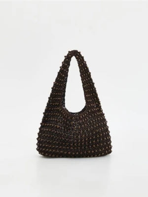 Reserved - Pleciona torebka z koralikami - ciemnobrązowy